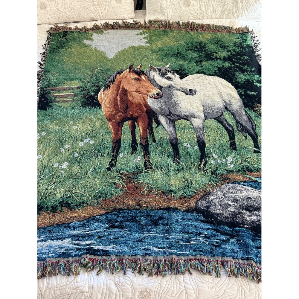 Vintage Linda Picken Woven Horse Tapestry Throw Blanket 50x60 USA 100% Cotton